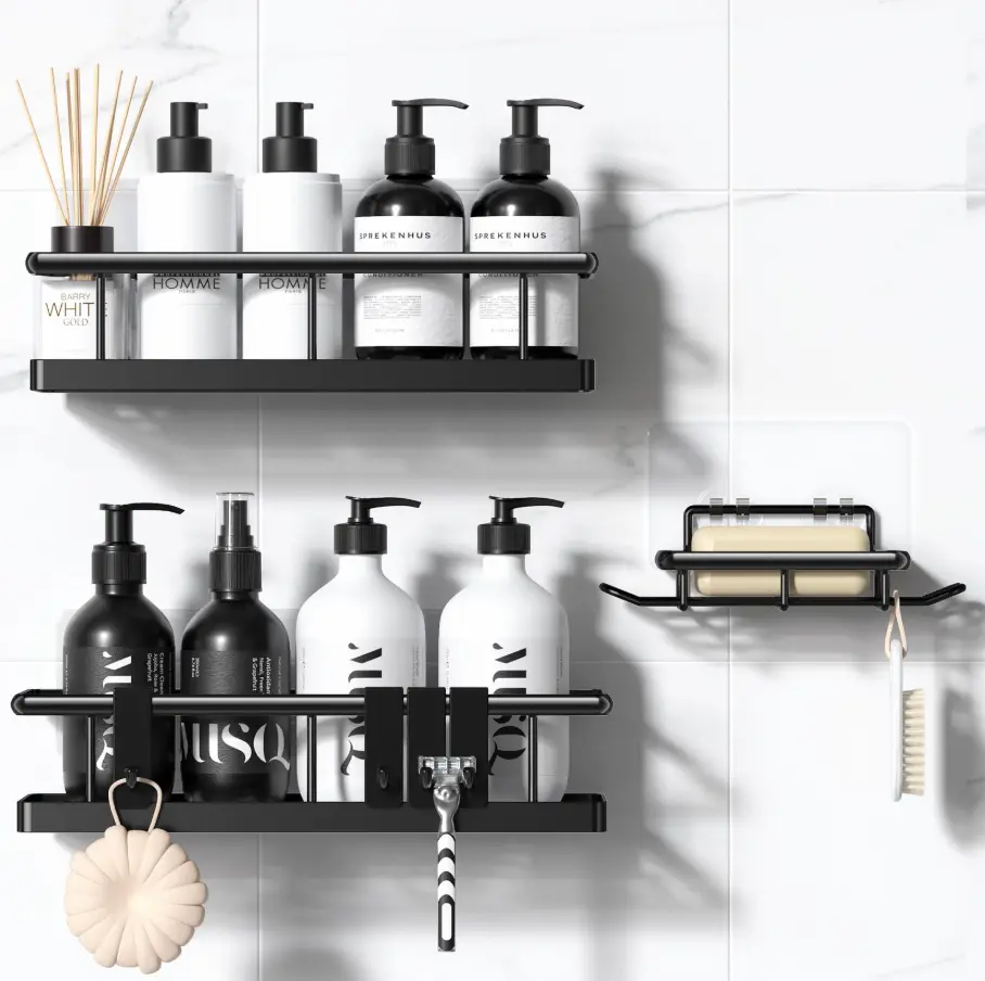 Black Wall-Mounted Steel Shower Organizer Rack Set (3/5 Pieces) - Lightweight No-Drill Self-Adhesive Baskets, Removable Floating Shelves, Hollow Drain, Rust-Resistant Bathroom Home Supplies with Easy Cleaning & Various Sizes, Adhesive Tape