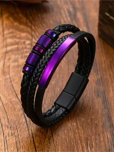 1 Purple Stainless Steel Accessory, Leather Bracelet, Men's Woven Bracelet, Stackable Bracelets, Fashion Bracelets, Retro PU Leather Magnetic Buckle Men's Party Strap - Accessory, Durable Material, Easy To Wear Design Suitable for Casual Occasions