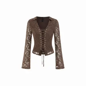 Cider Lace V-neck Lace Up Long Sleeve Top With Scarf