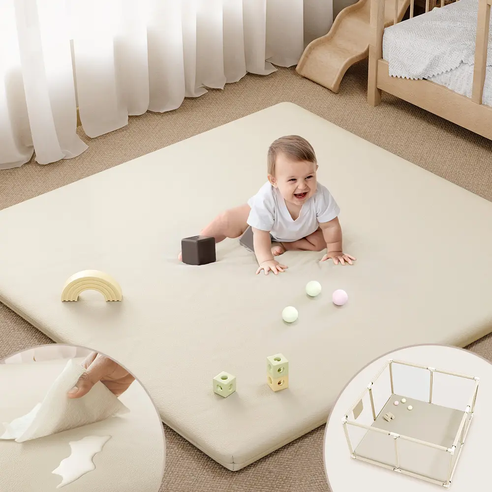 BIOBY Baby Vegan Leather Play Mat, 50"x 50", For Floor Mat Playpen Mat, Thickened High-Density Foam Playmats for Babies and Toddlers - Extra Soft and Resilient, Easy to Wipe Clean, Beige, Mother's Day Gift, Summervibes