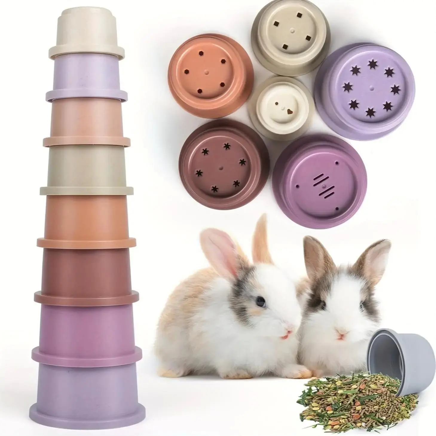 8/16 Piece Rabbit Bunny Hamster Pet Feeding Cup Set, Rabbit Feeder, Stackable and Nestable Design, Safe Food Storage Without Odors, Fun Pet Toy