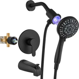 Shower Faucet Set with 5-Settings Handheld Spray  Docking Shower  System with Rough-in Valve and Shower Trim Kit with Tub Spout Matte Black