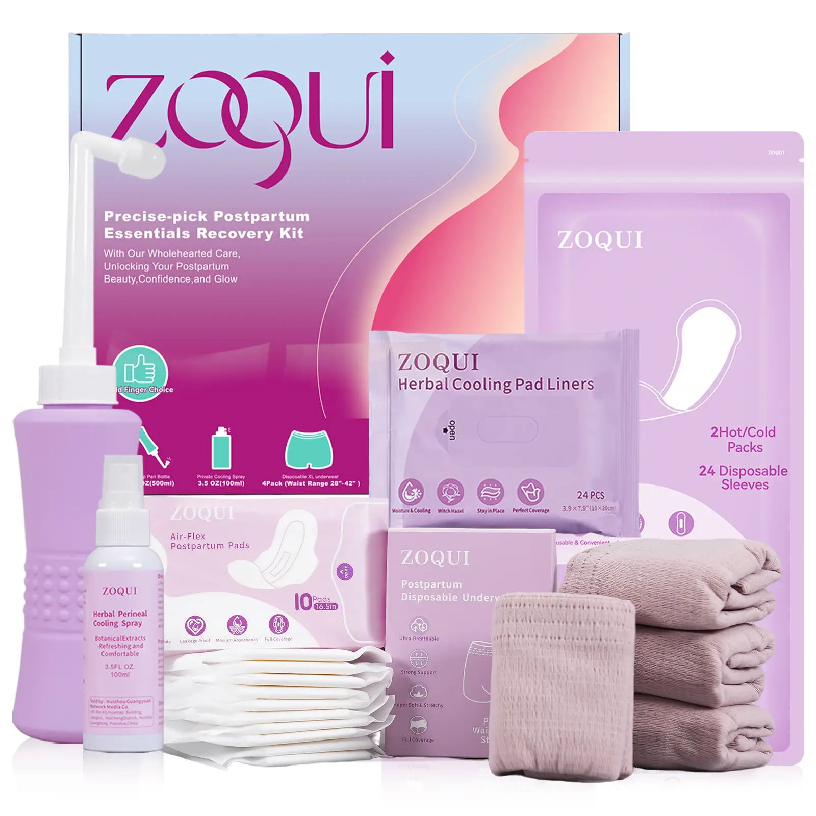Postpartum Recovery Delivery Essentials Kit , Postpartum Pads, Hot&Cold Packs, Cooling Liners, Includes Peri Bottle, Cooling Spray, Disposable Underwe
