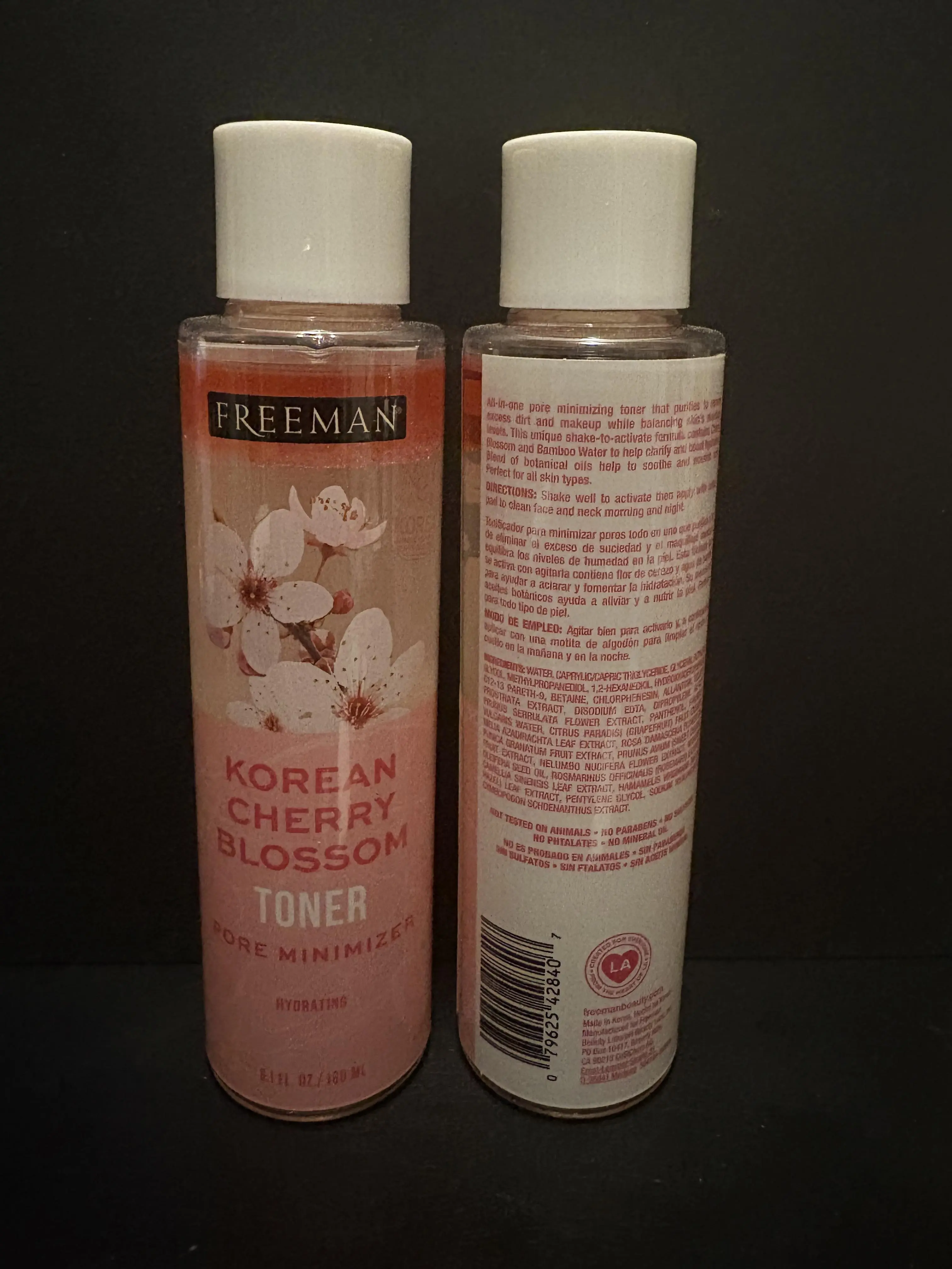 FREEMAN Beauty Unisex Natural Liquid Face Makeup Remover & Witch Hazel Toner, Hydrating Korean Cherry Blossom Pink Face Care Product for All Skin Types, 6.1 Fl Oz