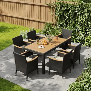 【3 Packages】Costoffs 7-Piece Outdoor Dining Set, Wooden Table & 6 Rattan Chairs (300lb Capacity) for Patio & Backyard