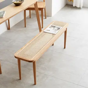 Wayshome Rattan Dining Bench with 100% Solid Oak Wood Frame, Farmhouse Long Rattan Bed End Boho Wood Bench Ottoman for Dining Kitchen Bedroom Entryway Backyard, 31.5''/39.4''/47.2''W  Natural Oak/Walnut Color
