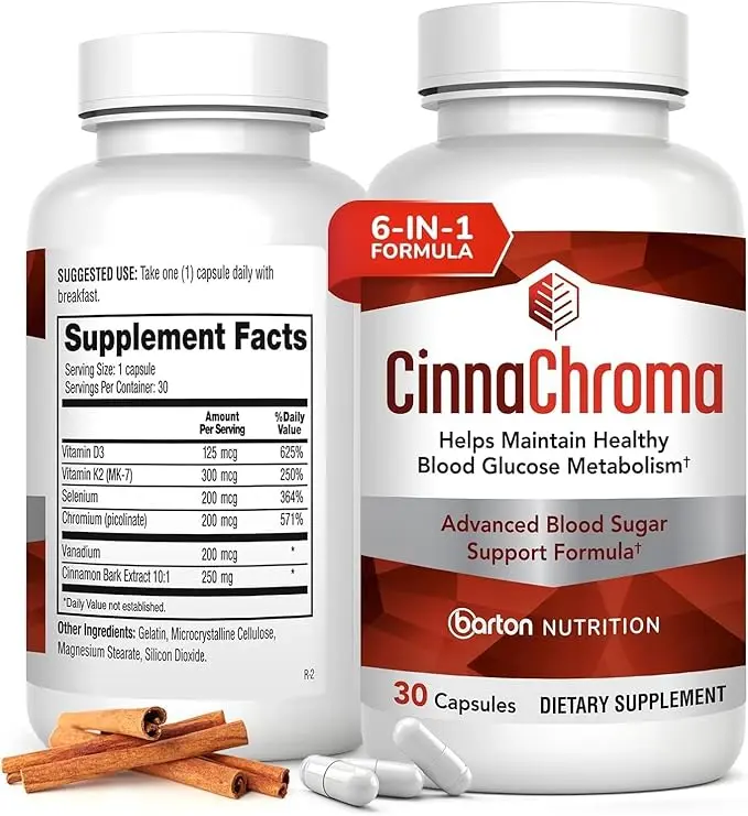 Barton Nutrition Cinnamon Capsules - 6-IN-1 Formula with 10:1 Cinnamon Extract Chromium Vanadium Selenium Vitamin D3 & K2 - 30 Capsules 1 Month Supply