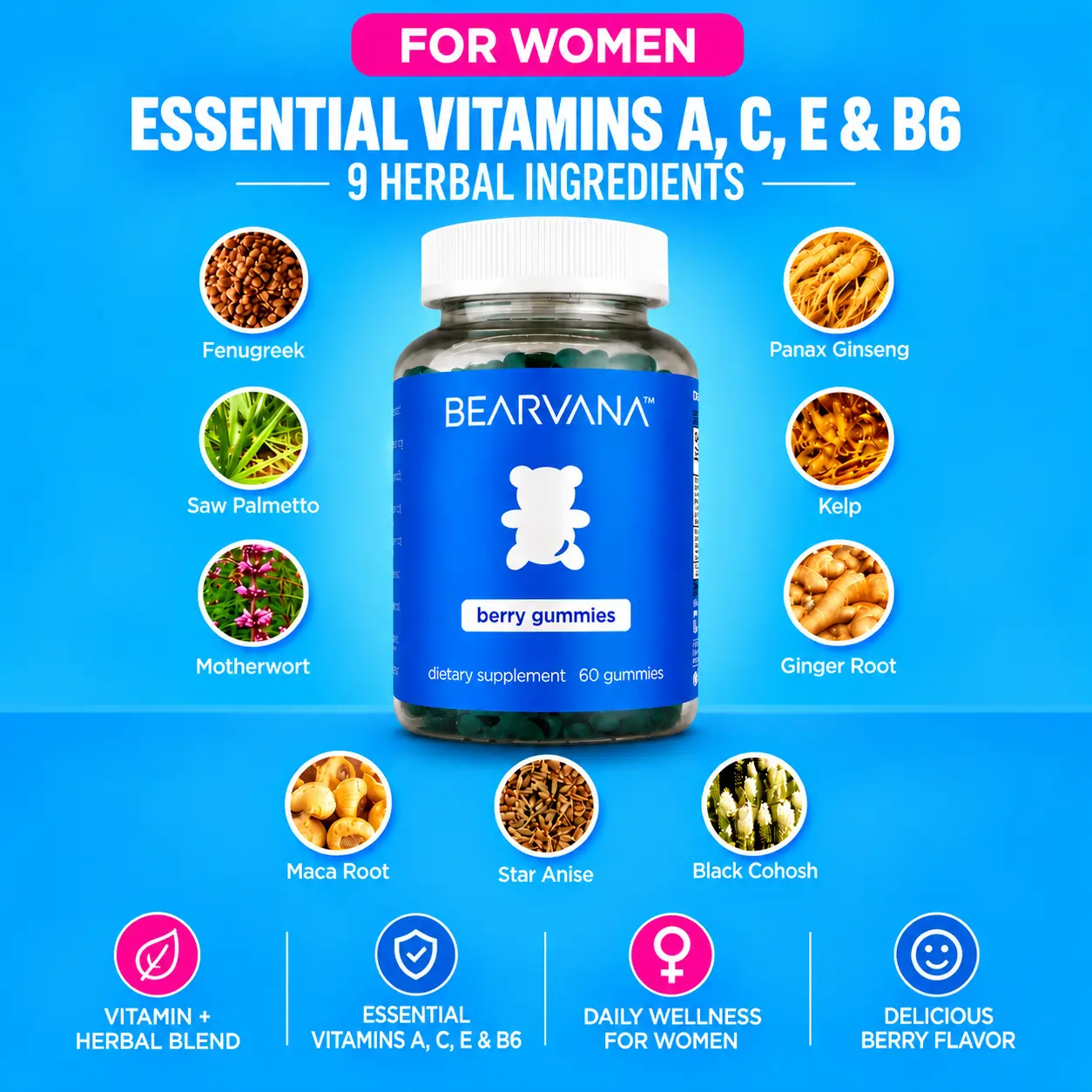BEARVANA All-In-1 Women's Wellness Gummies - 9 Herbal Ingredients, Vitamins A,C,E,B6, Gluten Free, No Hassle Daily Selfcare Supplement - Berry Flavor, 1-Month Supply (60 Chewable Dietary Supplement)