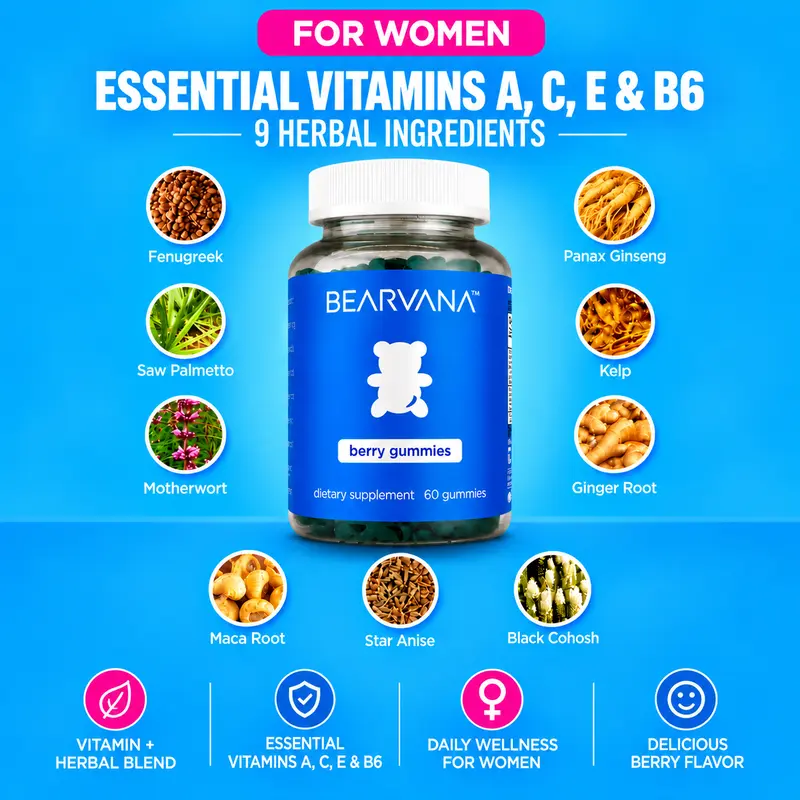 BEARVANA All-In-1 Women's Wellness Gummies - 9 Herbal Ingredients, Vitamins A,C,E,B6, Gluten Free, No Hassle Daily Selfcare Supplement - Berry Flavor, 1-Month Supply (60 Chewable Dietary Supplement)
