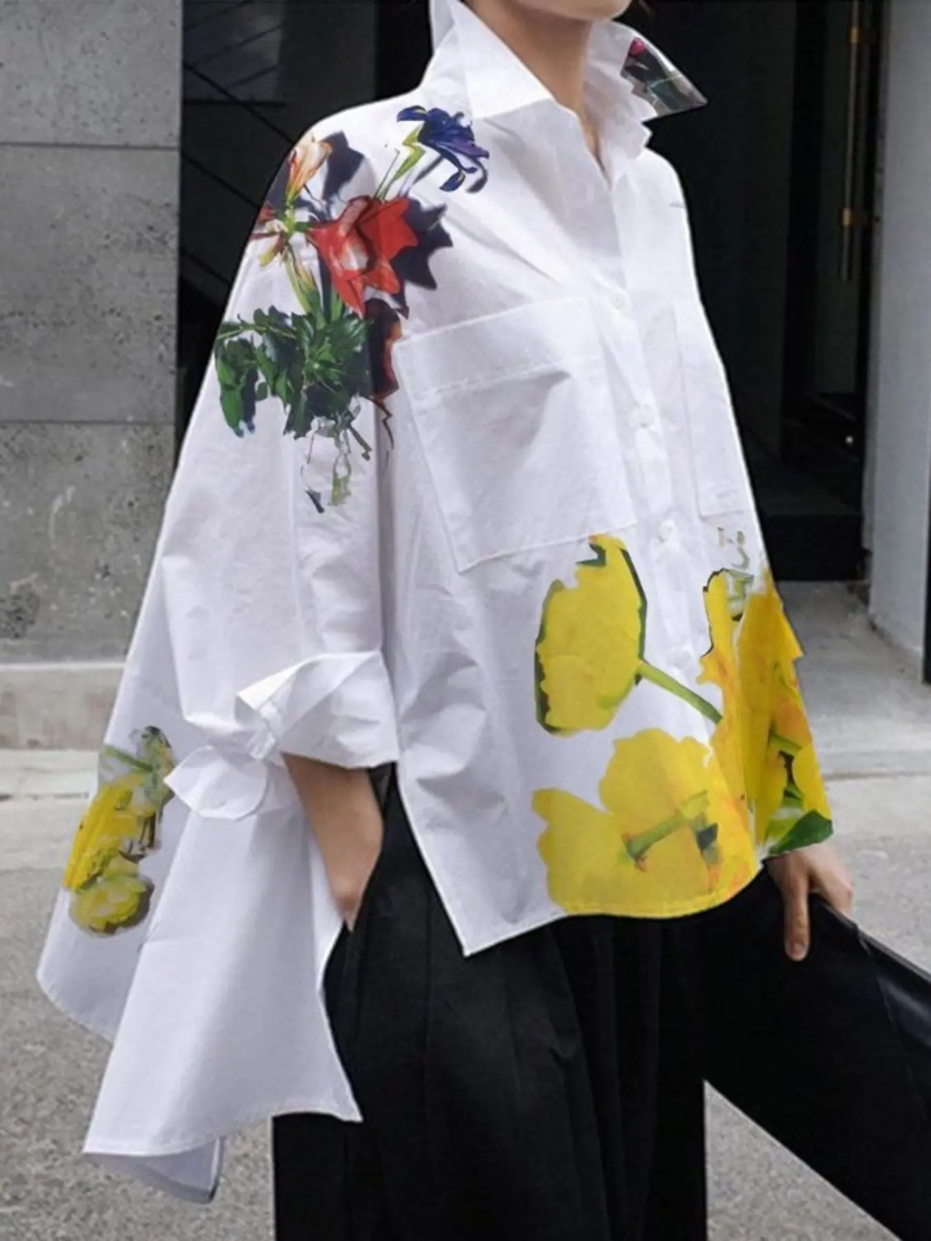 Women's Long Sleeve Button Front Floral Print Stand Collar Loose Shirt Top, Casual Fashion Blouse for Spring & Fall, Ladies' Clothing