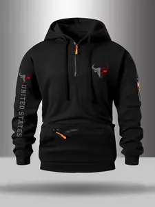 Men's Letter Print Hooded Sweatshirt, Long Sleeve Fitted Casual Wear, Multiple Colors Available, Comfortable Street Style, Bull