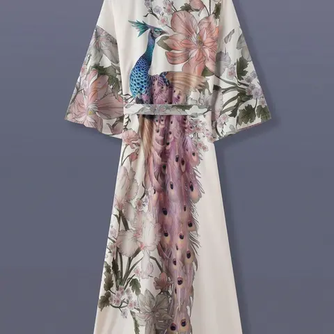 Elegant Japanese Peacock & Floral Pattern Kimono Sleeve Outerwear, Unisex Loose-Fit Long Sleeve Outerwear, Spring & Fall, Womenswear, Bird