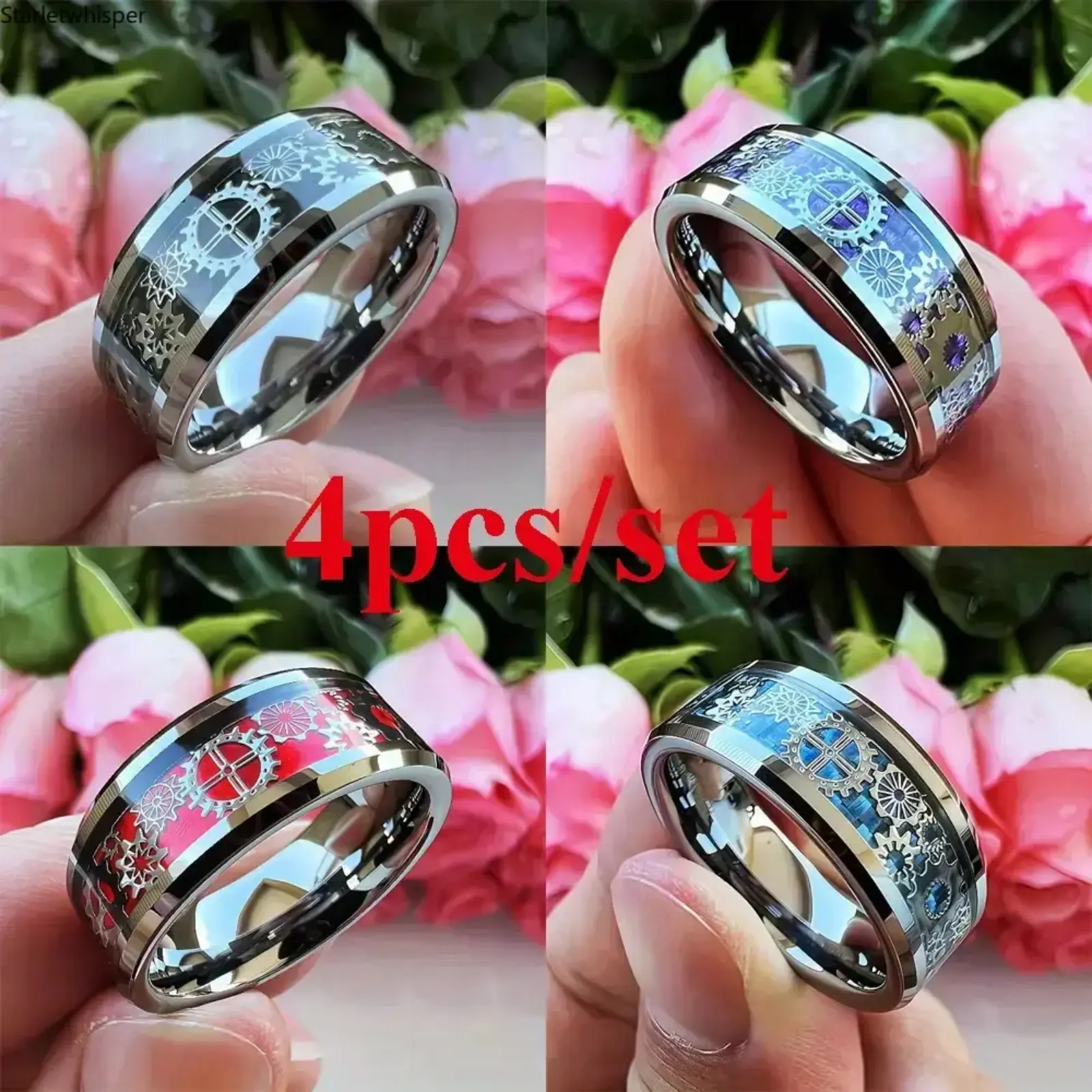 4Pcs Steampunk Silver 304 Stainless Steel Funky Ring Gift Set - Unisex Geometric Gear Bands with Multi-Color Carbon Fiber Inlay, Vintage Edgy Everyday Jewelry for Gifting (Sports & Outdoor Accessories)