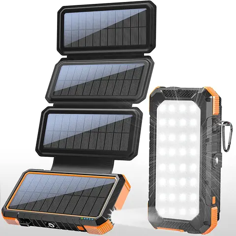 W12Pro Solar Charger Power Bank 20000mAh - 18W PD QC3.0 Fast Charging, 4 Foldable Panels, Type-C/Micro USB/USB-A Ports, Mobile Accessories, EDC Gear, Adjustable Camping Light, SOS Flashlight, Compass Carabiner, Orange