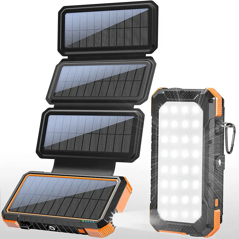 W12Pro Solar Power Bank 20000mAh - 18W PD QC3.0 Fast Charging, 4 Foldable Panels, Type-C/Micro USB/USB-A Connectors, Adjustable Camping Light, SOS Flashlight, Compass Carabiner, Orange EDC Gear for Smartphones & Devices, Cable-Compatible Mobile Accessory