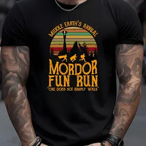 Men's Casual Short Sleeve Graphic Tee - Middle Earth's Annual Mordor Fun Run Print with One Door Doesn't Grampy Wall Slogan, Black & Yellow Lettering, Regular Fit Summer T-Shirt for Men, T-shirt Stylish