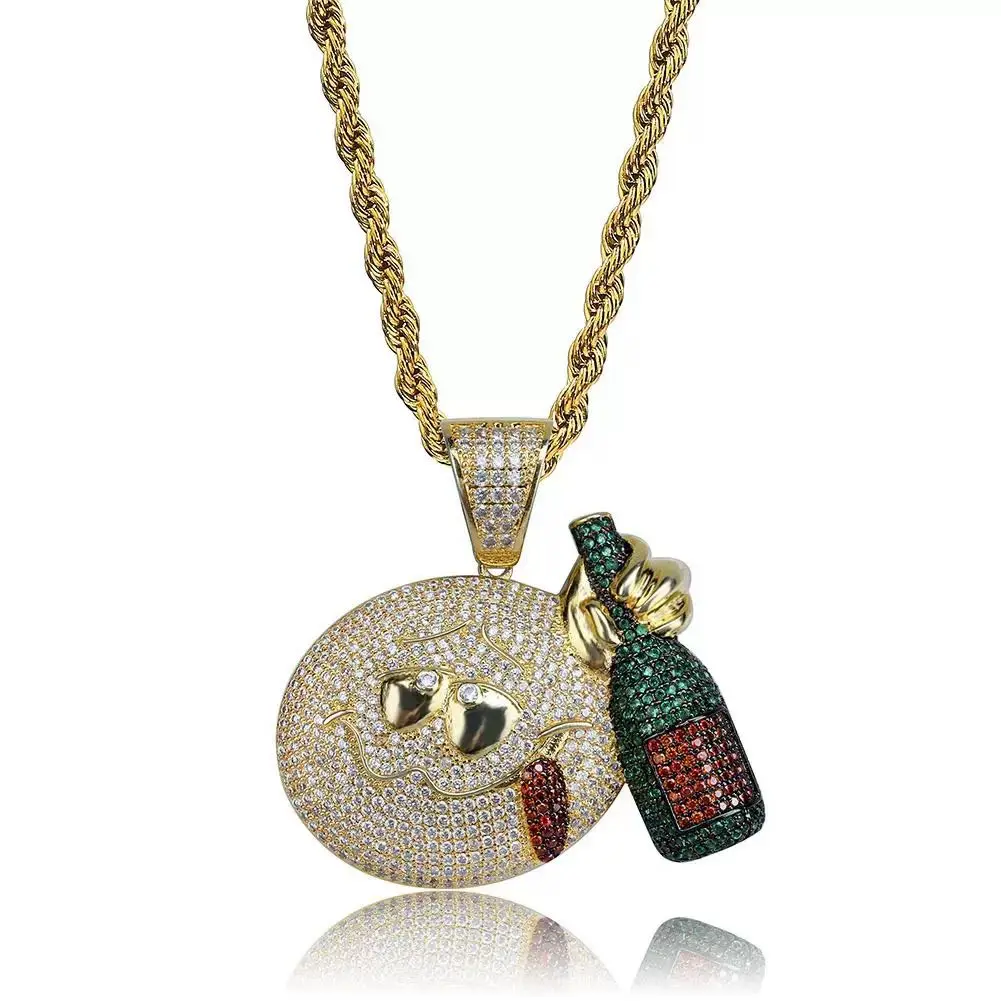 5297 Iced Out Bling Cubic Zirconia Round Pendant Necklace - Rich Emoji Smile Face with Champagne Bottle, Hip Hop Costume Jewelry Accessory for Casual Wear