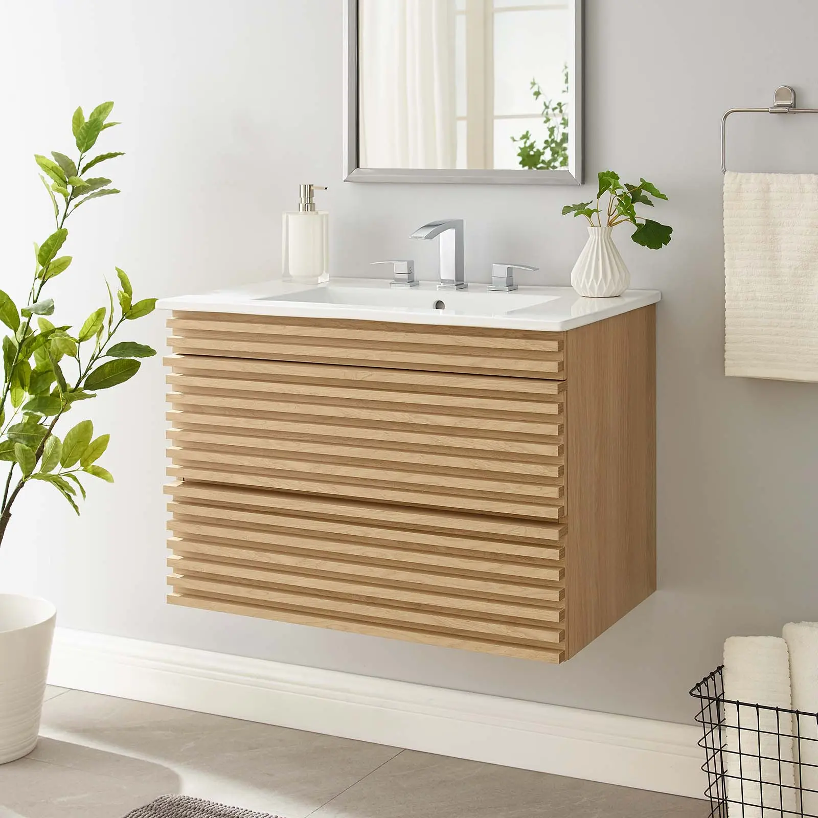 Modway Render 30" Wall-Mount Bathroom Vanity in Oak White