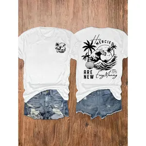 Women's Round Neck Short-Sleeve White T-Shirt - "His Mercy" Letter Print, Beach-Themed Casual Streetwear for Vacation, Shortsleeve, Tshirt