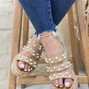 Lucia Colombian- Pearl Embellished Espadrille Wedge Sandals for Women - Comfortable Summer Shoes with Braided Sole