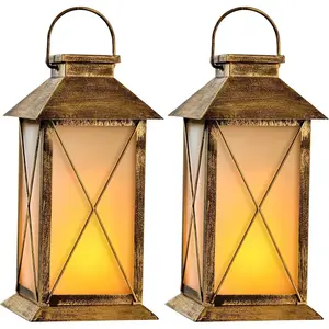 2 Pack Solar Lantern with Flickering Flame Candle, 13" Outdoor  Solar Lanterns Garden Decorative, Glass  Lantern Metal for Outdoor Patio Yard Tabletop Decoration Mothers Day Gifts Mom