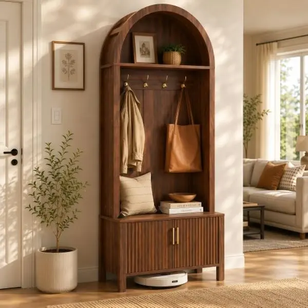 Farmhouse Arched Top Hall Tree - 70.3" Coat Rack with Bench, 4 Metal Hooks, 2 Fluted Doors & Shoe Storage Cabinet, Indoor Entryway Furniture Organizer