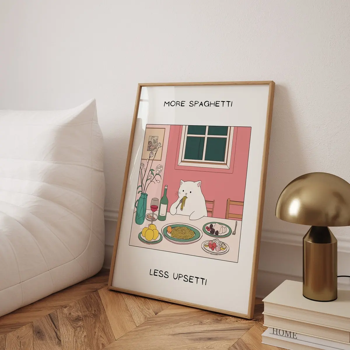 White Cat Spaghetti Poster – Funny Kitchen Art Print, Humorous Cat Wall Decor, Unframed