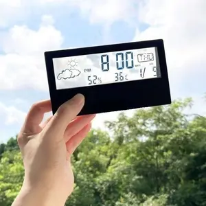 LCD Digital Alarm Clock with Weather Forecast & Temperature Display, Battery Operated Silent Desk Clock with Smart Light Sensor, Date Display & Clear Large Screen for Bedroom Office