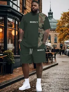 Men's Camouflage Print Short Sleeve Top & Waist Drawstring Shorts Set, Loose-Fitting Knit Fabric, Outdoor Casual Sport Wear