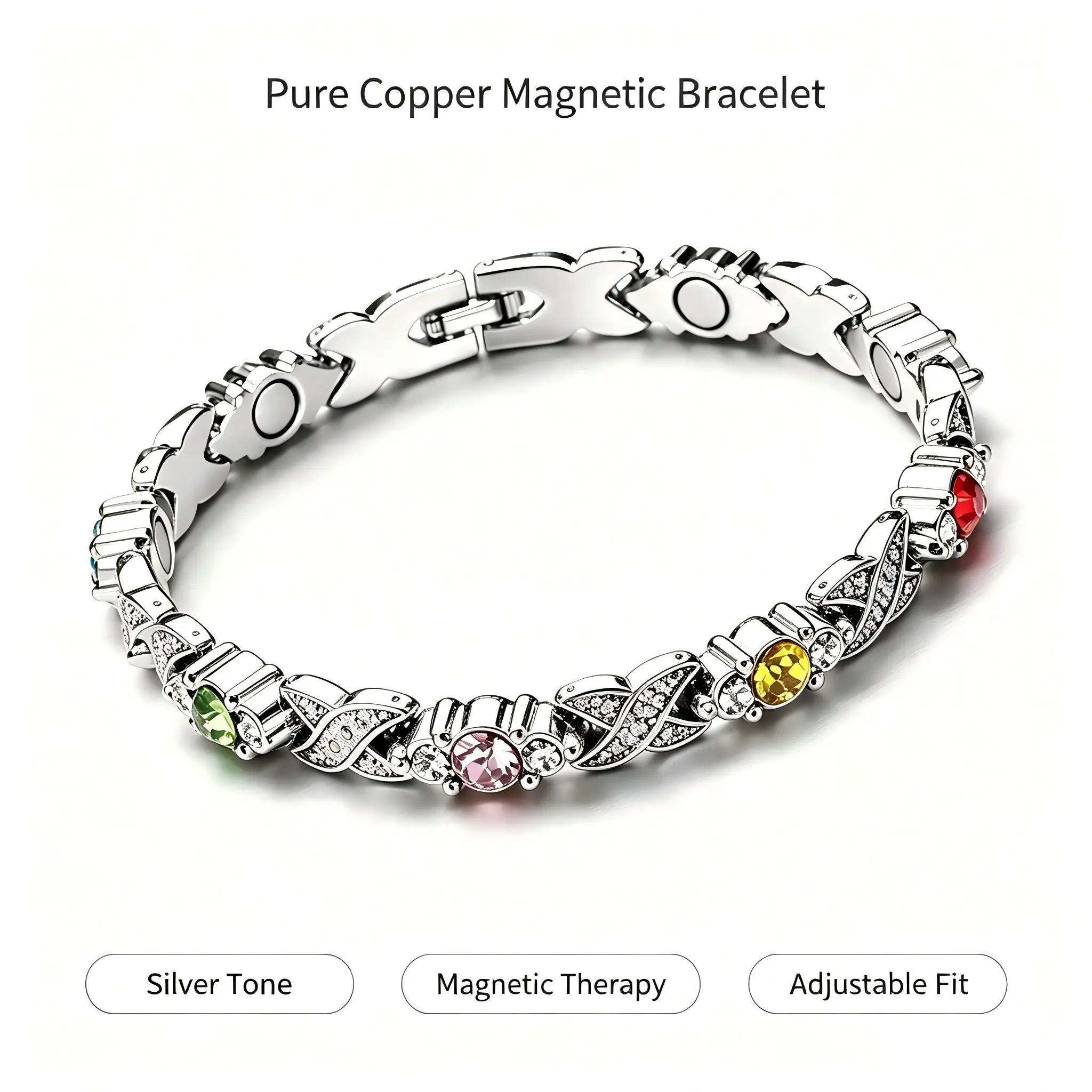 Women's Adjustable Pure Copper Magnetic Bracelet, 3500 Gauss Strong Magnets Crystal Inlaid Power Balance Copper Jewelry Bracelets, Ideal Mother’s Day Gift Ideas