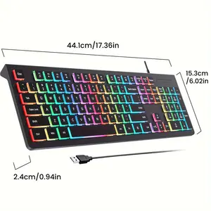 Computer Keyboard Corded, Plug And Play USB Keyboard, Low Profile Chiclet Keys, Large Numeric Keypad, Caps Letter Indicator, Foldable Stand, Spill Resistant, Anti-Scuff Letters For PC Laptops (Backlit, 1-Pack)