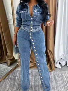 Women's Stylish Denim Suit with Multiple Buttons and A Lapel Collar