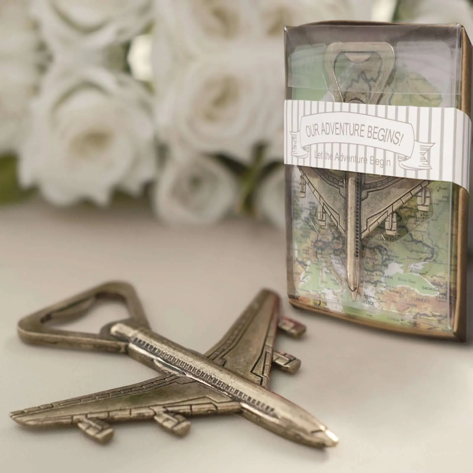 4" Antique Gold Metal Airplane Kitchen Bottle Opener, Vintage Pre-Packed Kitchen Utensil Party Favor Gift Box, Utensils