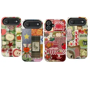 Retro Patchwork Collage Phone Case – Vintage Apple and Strawberry Design, Whimsical Scrapbook Aesthetic, Cottagecore Farmhouse Style with Cute Cartoon and Fabric Pattern, Y2K Nostalgic Art Phone Case – Fits iPhone 17 Pro Max 17 Air 17Pro 16 15 14 13 12 11