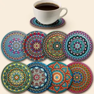 8 Piece Mandala Wooden Coasters Set, Home Office Bar Decor, 3.94x3.94 Inch Drink Coasters for Party Kitchen Table Protection, Non - Slip Heat Resistant