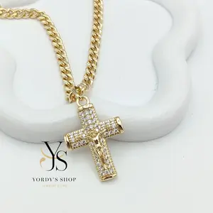 Yordy 22'' Cross Pendant Chain 14k Gold Plated High Quality Necklace 2 Ounces Length Metal Coating Jewelry