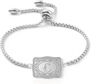 Belt Buckle Bracelet with Initial  Western Cow Tag Bracelet Adjustable Mini Initial Letter A-Z Bracelets Western Cowboy Personalized  for Women