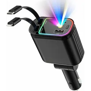 Fast Car Charger with Starlight, 4 in 1 Retractable Car Charger, 120W USB C Adapter, Cars Accessories with Starlight Roof, 2 USB Ports Phone Cars Chargers Compatible with iPhone and Android