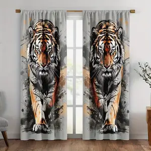 2pcs Insulated Half-Blackout Curtains, Tiger Print Cartoon Animal Drapes, Polyester, Bedroom Living Room Kitchen Decor
