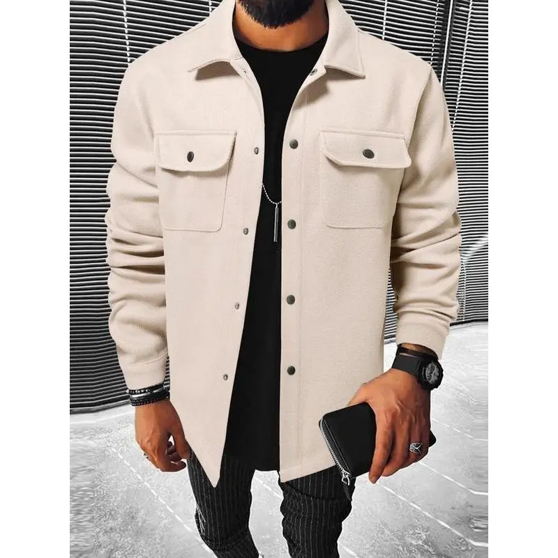 KZZ Men's Shirt Jacket, Casual Solid Long Sleeve Collared Button-Front Top with Flap Pockets for Fall-Winter Daily Wear, Tops