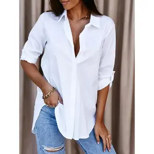 [Women's Office Work Shirt] Solid Button Front Shirt, Casual Turn Down Collar Office Work Shirt, Women's Clothing