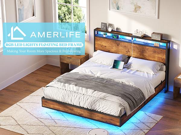 AMERLIFE Floating Bed Frame with 2-Tier Storage Headboard, Metal Bed Frame with Charging Station & LED Lights, No Box Spring Needed