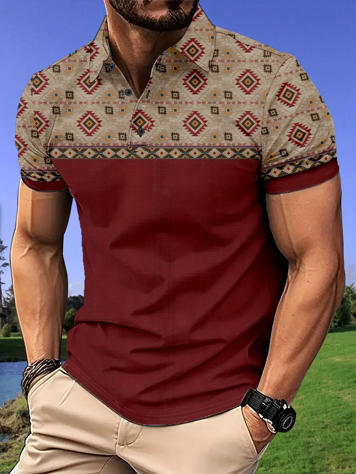 Men's short-sleeved Polo shirt - Wine red with beige patchwork ethnic geometric diamond pattern. Collar design with buttons. Retro ethnic casual style. Soft and breathable fabric. Casual Polo Shirts. Menswear