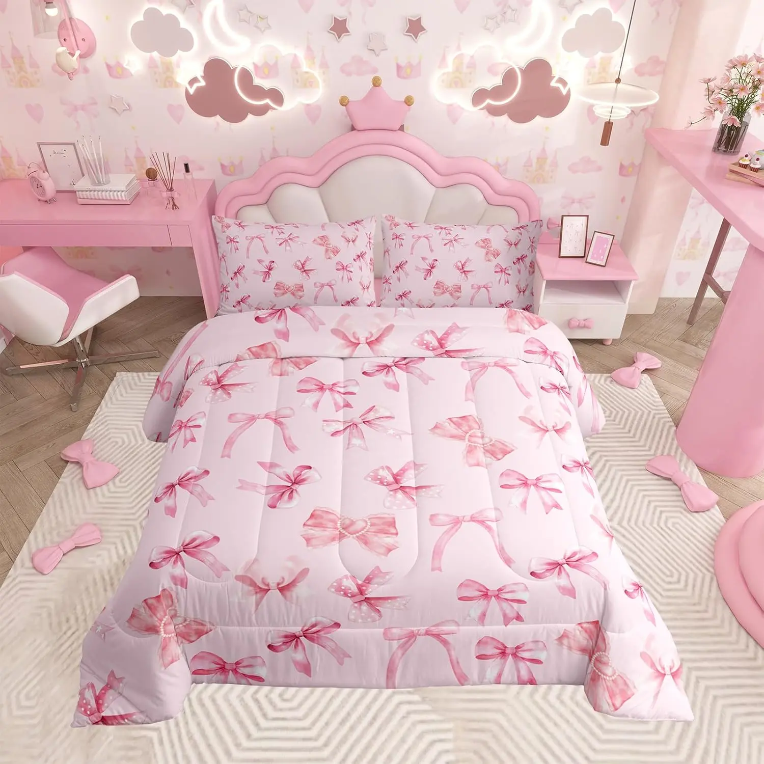 Cute Pink Bowknot Bedding Set Kawaii Bow Comforter Princess Bow-tie Comforter Set Soft Microfiber