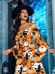 Festive Halloween Gothic Asymmetrical Ruched Dress- Pumpkin, Skull, Bat, Witch, Moon, Cat, Owl Print - Polyester - For Women - Perfect for Halloween Parties & Costume Events - Ideal Gift for Halloween Lovers