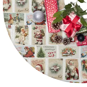 Vintage Christmas Postal Stamp Christmas Tree Skirts, Xmas Stationery, Unique Christmas Tree Skirt, Christmas Holiday Decor