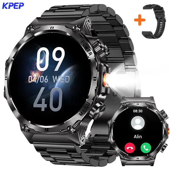 KPEP 2026 IP68 Water-Safe Smart Watch for Men, 700mAh Large Battery, LED Flashlight, Wireless Phone Call, Message Reminders, Sports Mode, Voice Assistant, Weather Push, Stopwatch, HR/Spo2/Sleep Monitoring, Calorie Tracker, iOS & Android Compatible