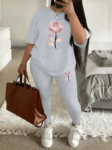 Printed pattern Women's Tee & Skinny Pants Two-Piece Set, Casual Fashion Cozy Round Neck Short Sleeve T-Shirt & Trousers for Daily Outdoor Wear, Ladies Summer Clothes, Fitted