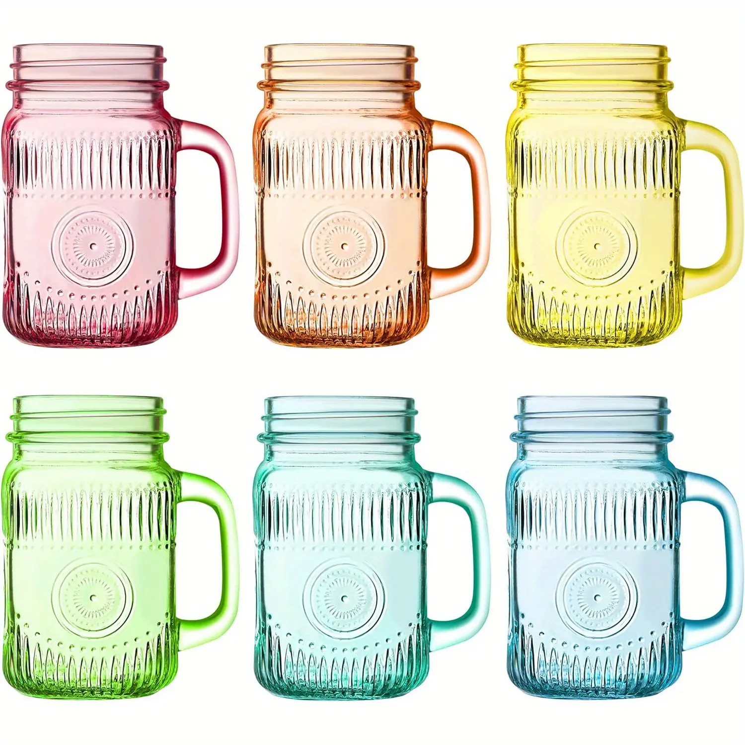 6pcs Retro Colored Glass Mason Jars with Comfortable Handle - 16 oz Home Organizer Storage Bottles, Stylish Party Drinkware
