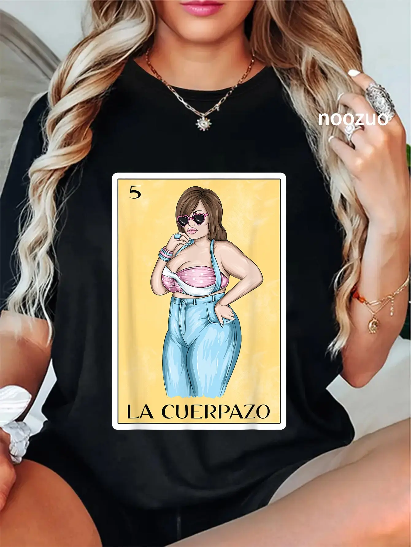 Graphic T-Shirt for Women, Casual La Cuerpazo Bingo Funny Print, 100% Cotton Clothes, Loose-Fit Pull On Top with Short Sleeves, Bingo Humor Tee